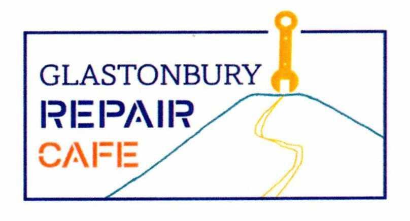 A logo entitled 'Glastonbury Repair Cafe' . To the right of the text is a line drawing of Glastonbury Tor but instead of the tower, a golden wrench is at the top.